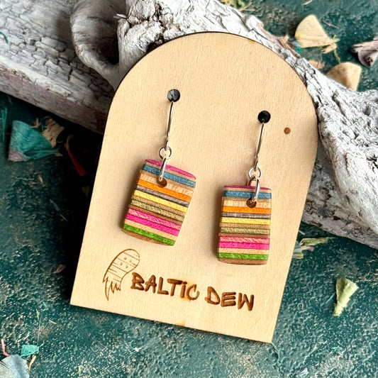 Small multicoloured striped drop earrings in pink, orange, yellow and green skateboard wood