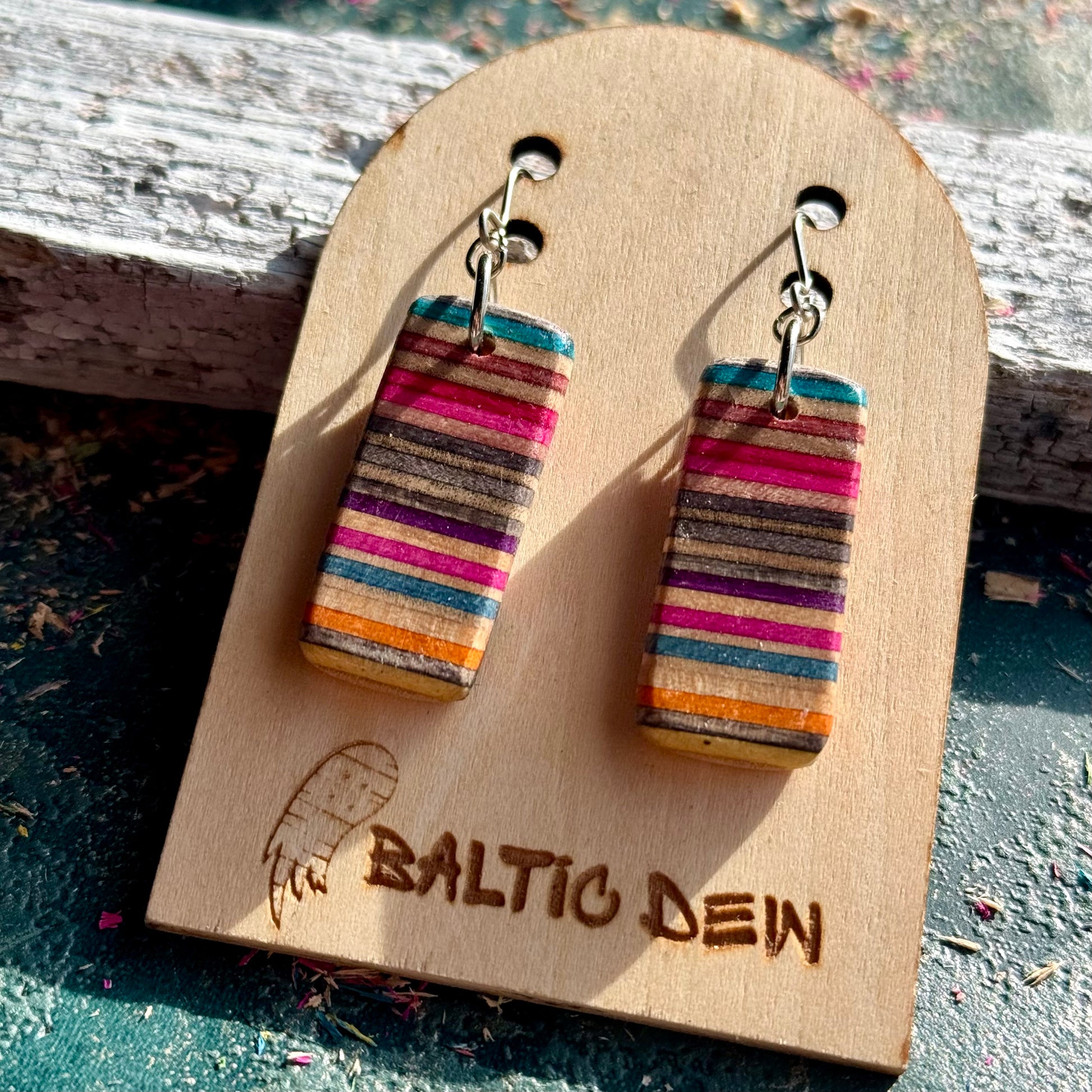 Striped recycled skateboard wood drop earrings on surgical steel hooks, handmade by Baltic Dew