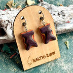 Purple carved skateboard wood wave earrings with red and yellow layers showing through