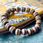 Brown, black and purple recycled skateboard wood bead bracelet, handmade by Baltic Dew.