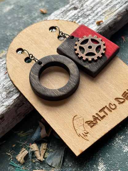 Odd pair of recycled skateboard earrings, dark wooden ring and red square with a cog detail
