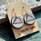 White and pink skateboard wood earrings with cat ears outlined in black, handmade by Baltic Dew