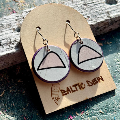 White and pink skateboard wood earrings with cat ears outlined in black, handmade by Baltic Dew