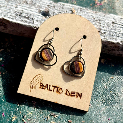 Heart frame earrings with colourful recycled skateboard maple inlays and stainless steel hooks.
