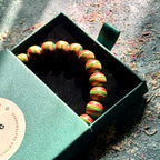 Red, green and teal skateboard bead bracelet in a green Baltic Dew gift box with the brand card.