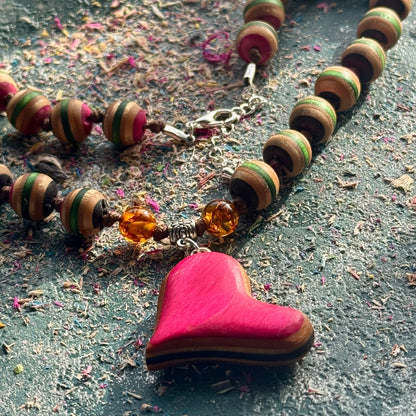 Recycled Skateboard Wood Bead Necklace with Amber and Heart Pendant