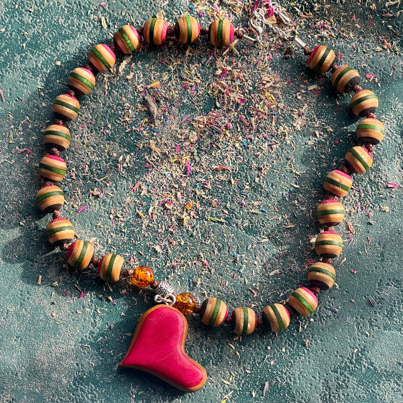 Recycled Skateboard Wood Bead Necklace with Amber and Heart Pendant