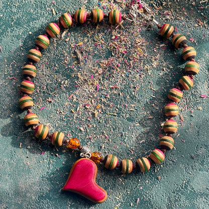 Recycled Skateboard Wood Bead Necklace with Amber and Heart Pendant