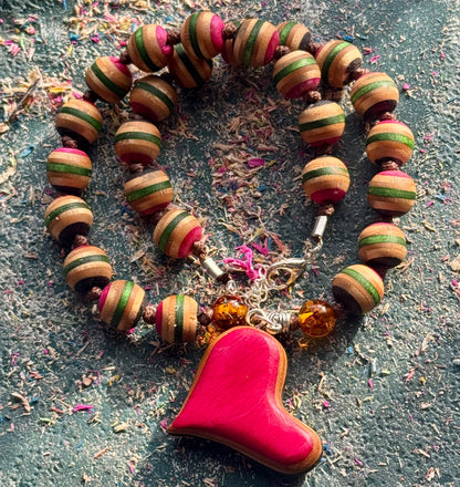 Recycled Skateboard Wood Bead Necklace with Amber and Heart Pendant