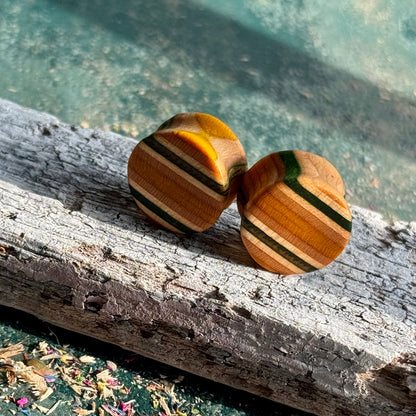 Green and Yellow Double Flare Wooden Ear Plugs 16mm made from layered wood with natural and painted stripes design