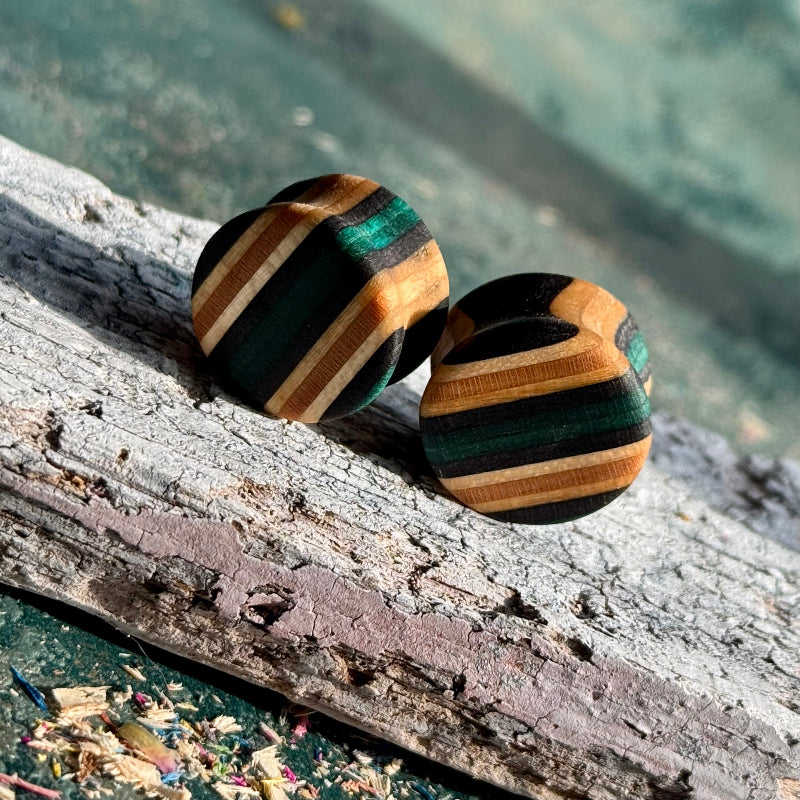 Teal and Black Double Flare Wooden Ear Plugs 16mm with striped wood pattern resting on textured bark surface