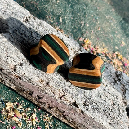 Teal and black 16mm ear plugs resting on weathered bark, green and black layers showing.