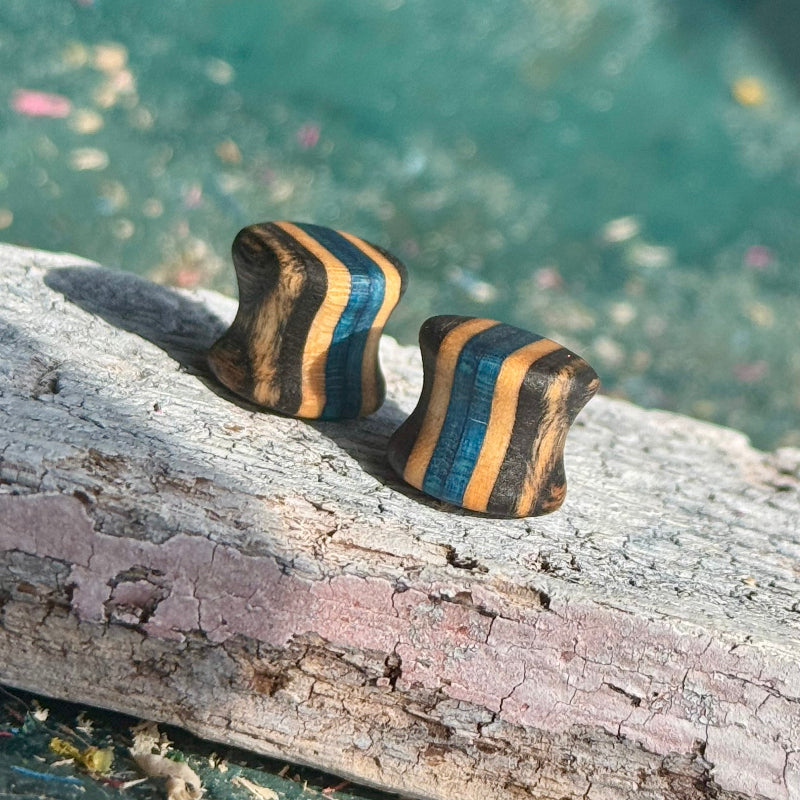 Black and blue 10mm ear plugs seen from the side, smooth double flare curve in layered maple.