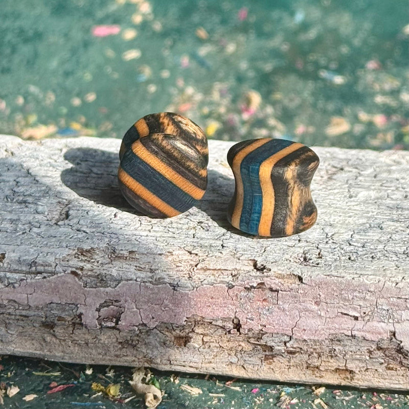 Black and blue double flare ear plugs at 10mm, recycled skateboard layers visible around the profile.