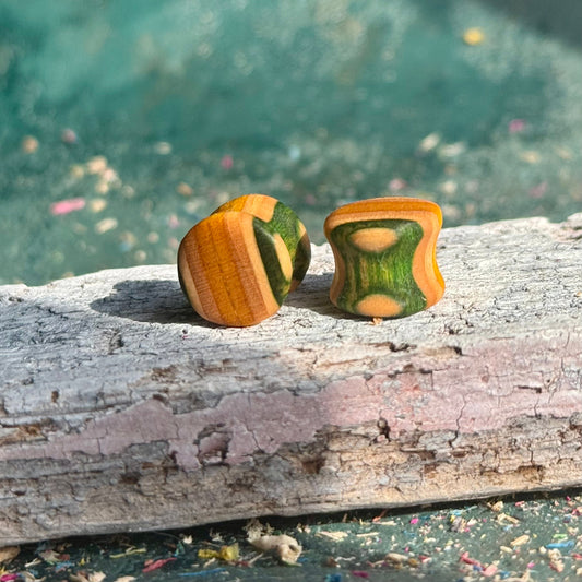 Green and Yellow Double Flare Wooden Ear Plugs 10mm