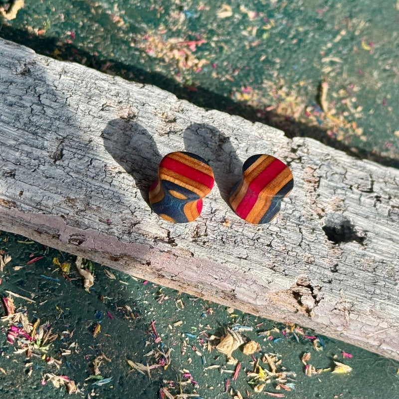 Pink and Blue Double Flare Wooden Ear Plugs 10mm showing multicolor wood grain on weathered surface outdoors