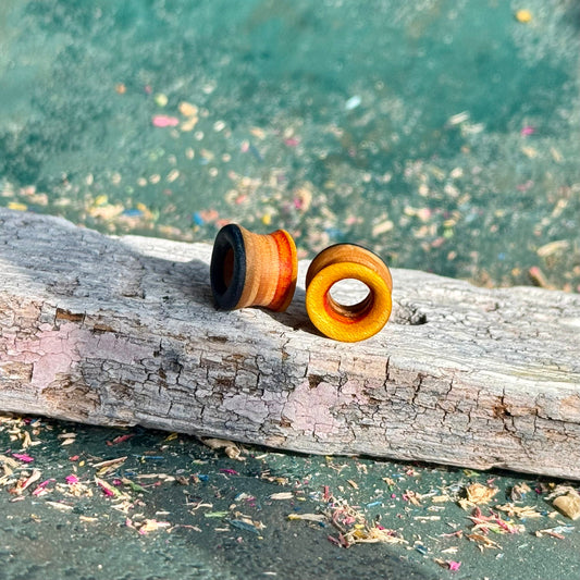Wooden ear gauges on a piece of driftwood with a natural background