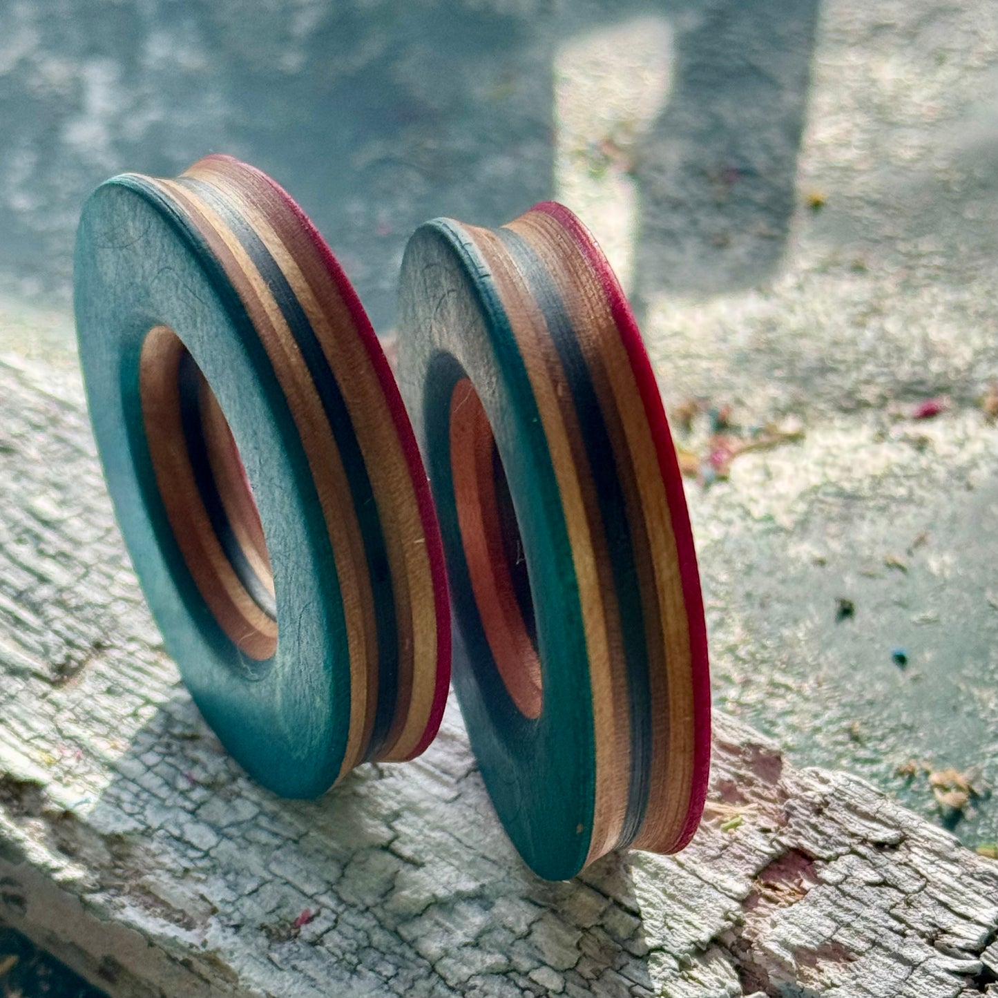 Pink Blue Double Flare Wooden Ear Tunnels