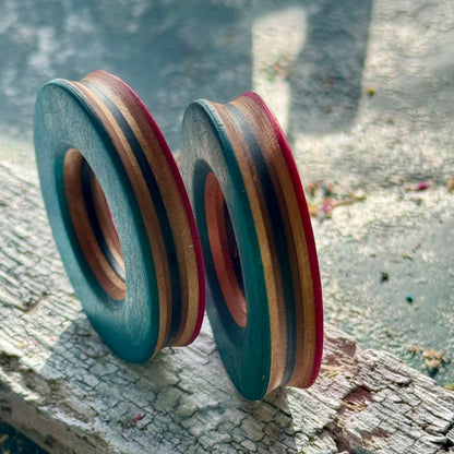 Pink Blue Double Flare Wooden Ear Tunnels