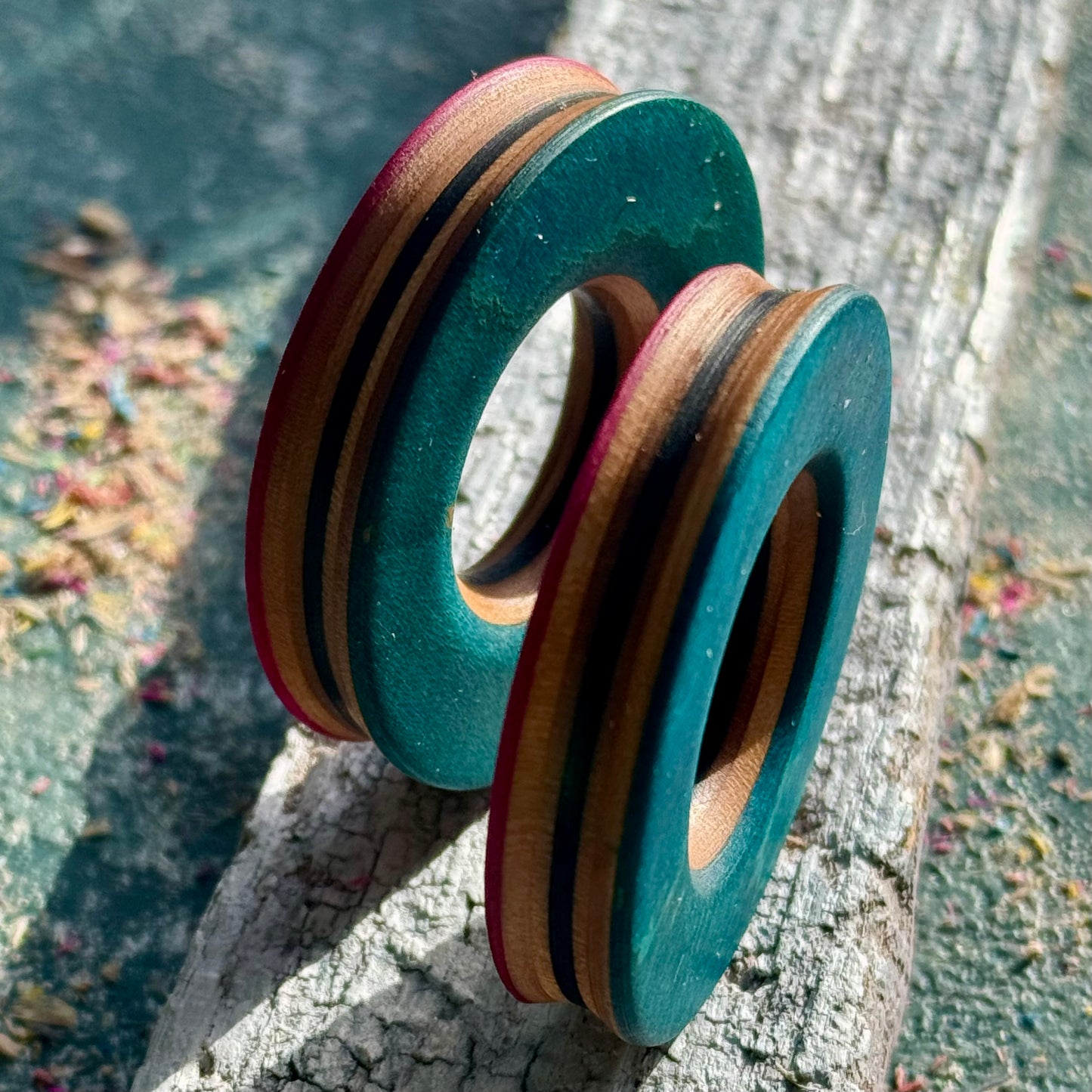 Pink Blue Double Flare Wooden Ear Tunnels