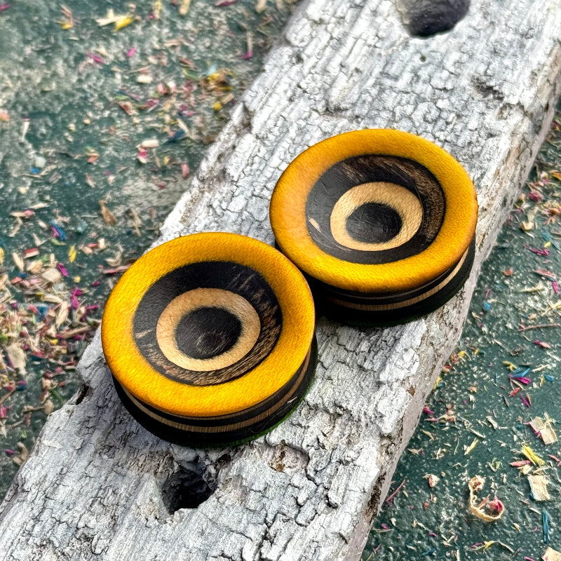 Green and Yellow Concave Face Wooden Ear Plugs