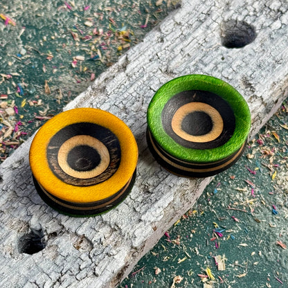 Green and Yellow Concave Face Wooden Ear Plugs