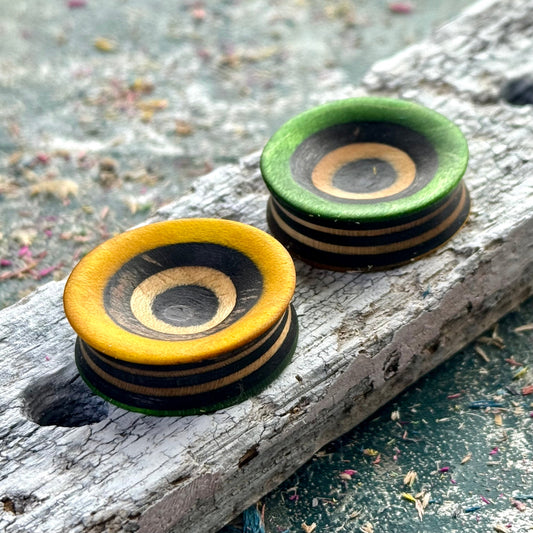 Green and Yellow Concave Face Wooden Ear Plugs