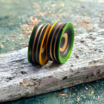 Green and Yellow Concave Face Wooden Ear Plugs
