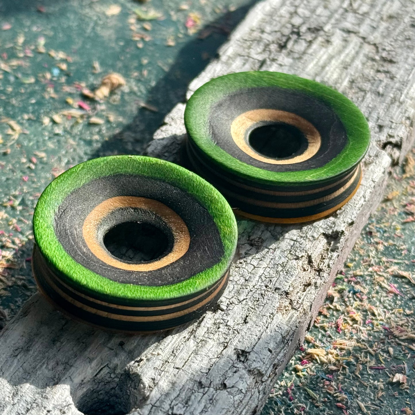 Yellow and Green Concave Face Wooden Ear Tunnels