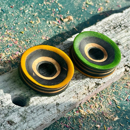 Yellow and Green Concave Face Wooden Ear Tunnels