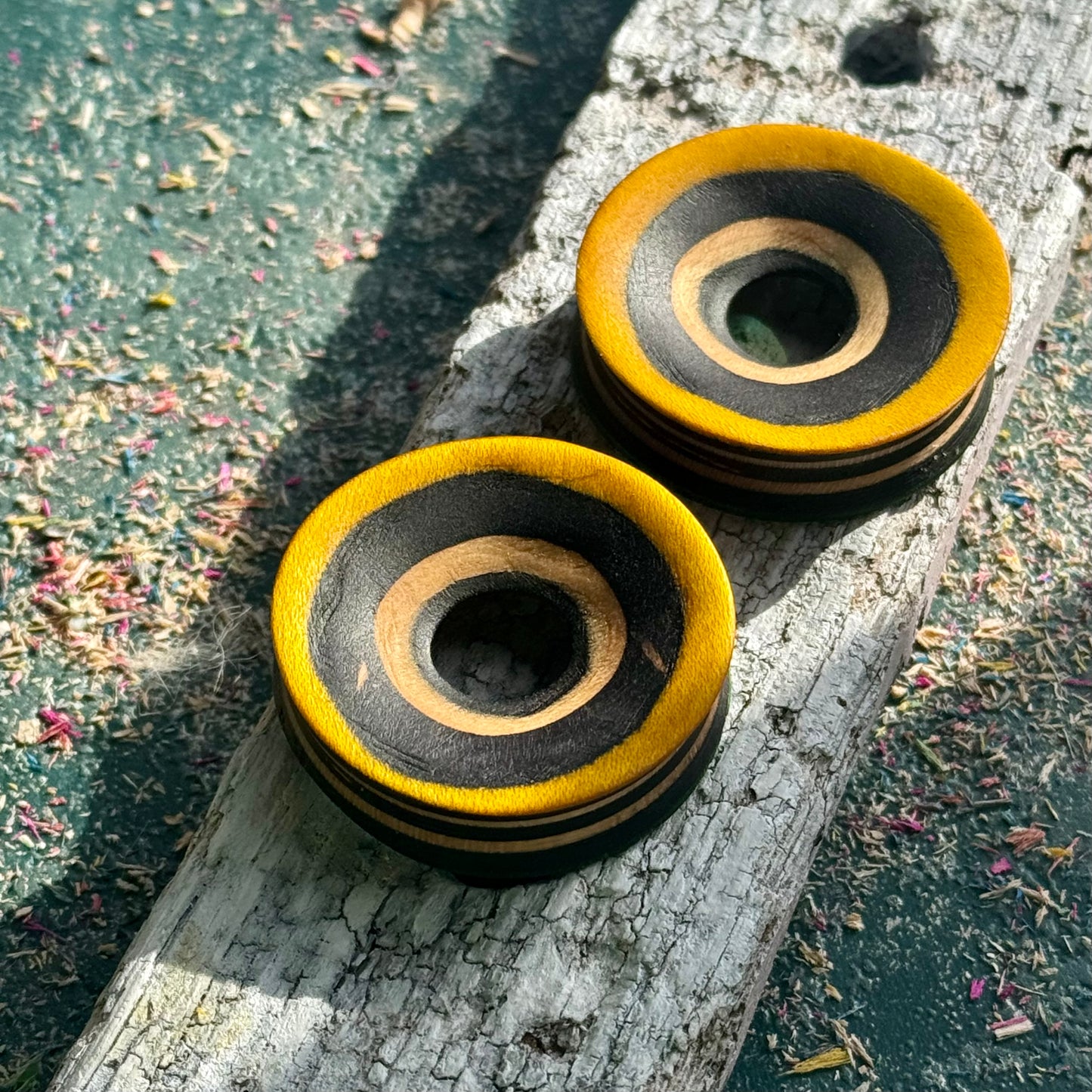 Yellow and Green Concave Face Wooden Ear Tunnels