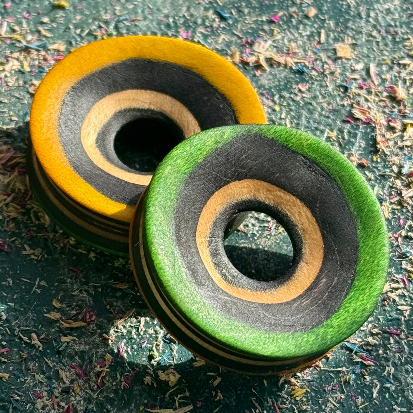 Yellow and Green Concave Face Wooden Ear Tunnels
