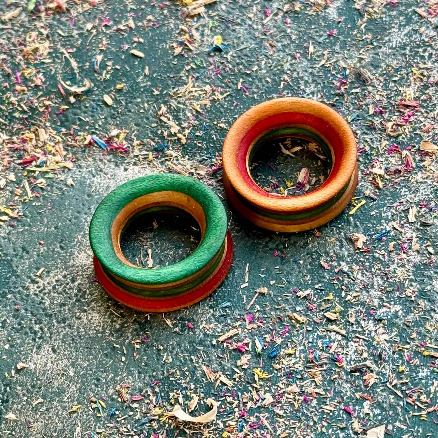Orange and Green Double Flare Wooden Ear Tunnels