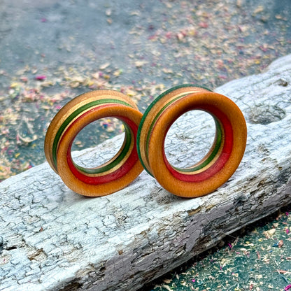 Orange and Green Double Flare Wooden Ear Tunnels
