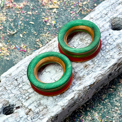 Orange and Green Double Flare Wooden Ear Tunnels