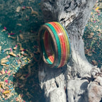 Red, blue and green skateboard maple ring close up on driftwood, outdoors in natural light.