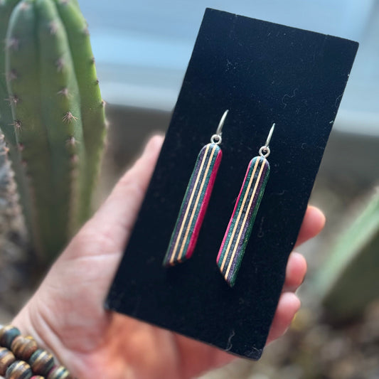 Handmade recycled skateboard Long drop earrings — Baltic Dew, made in the UK