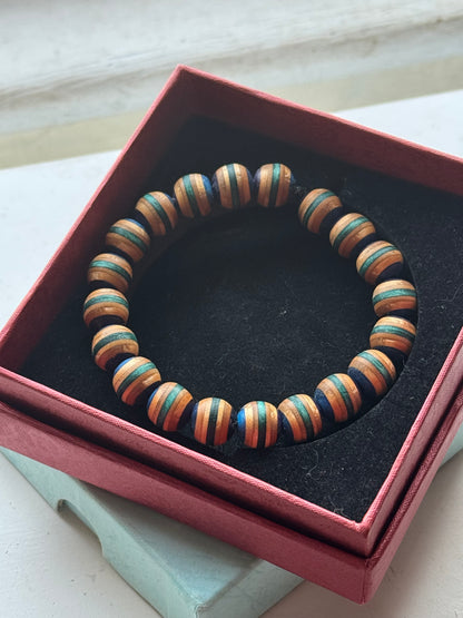 Handmade recycled skateboard Blue, Purple & Teal Stripe Bead Bracelet — Baltic Dew, made in the UK