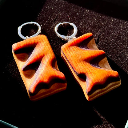 Wooden arrow shaped earrings on a dark background