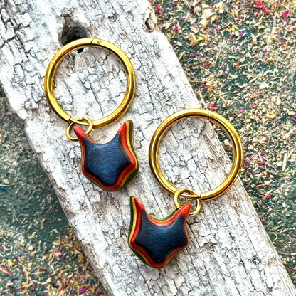 Handmade recycled skateboard Blue and Red Fox shape Hoop Earrings — Baltic Dew, made in the UK