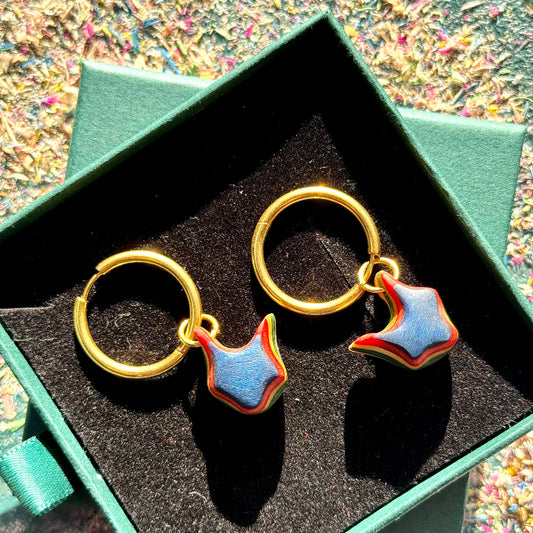 Handmade recycled skateboard Blue and Red Fox shape Hoop Earrings — Baltic Dew, made in the UK