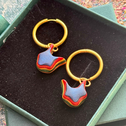 Handmade recycled skateboard Blue and Red Fox shape Hoop Earrings — Baltic Dew, made in the UK