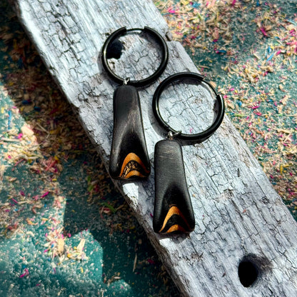 Handmade recycled skateboard Black Hoop Earrings — Baltic Dew, made in the UK