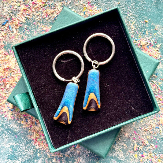 Handmade recycled skateboard Blue & Black Hoop Earrings — Baltic Dew, made in the UK
