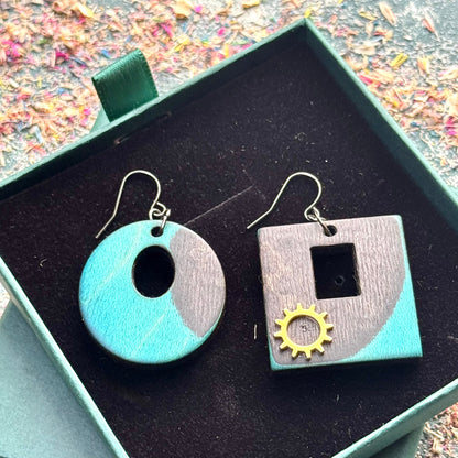 Handmade recycled skateboard Black and Teal Asymmetrical Skateboard Earrings — Baltic Dew, made in the UK