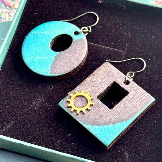 Handmade recycled skateboard Black and Teal Asymmetrical Skateboard Earrings — Baltic Dew, made in the UK