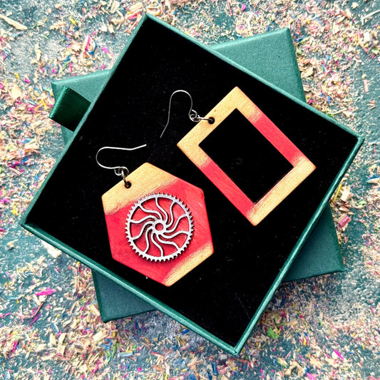 Handmade recycled skateboard Red Asymmetrical Skateboard Earrings — Baltic Dew, made in the UK