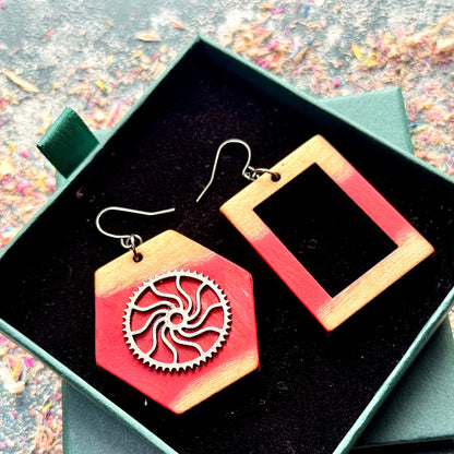 Handmade recycled skateboard Red Asymmetrical Skateboard Earrings — Baltic Dew, made in the UK