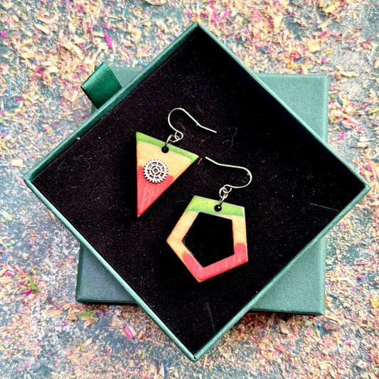 Handmade recycled skateboard Green and Red Asymmetrical Skateboard Earrings — Baltic Dew, made in the UK