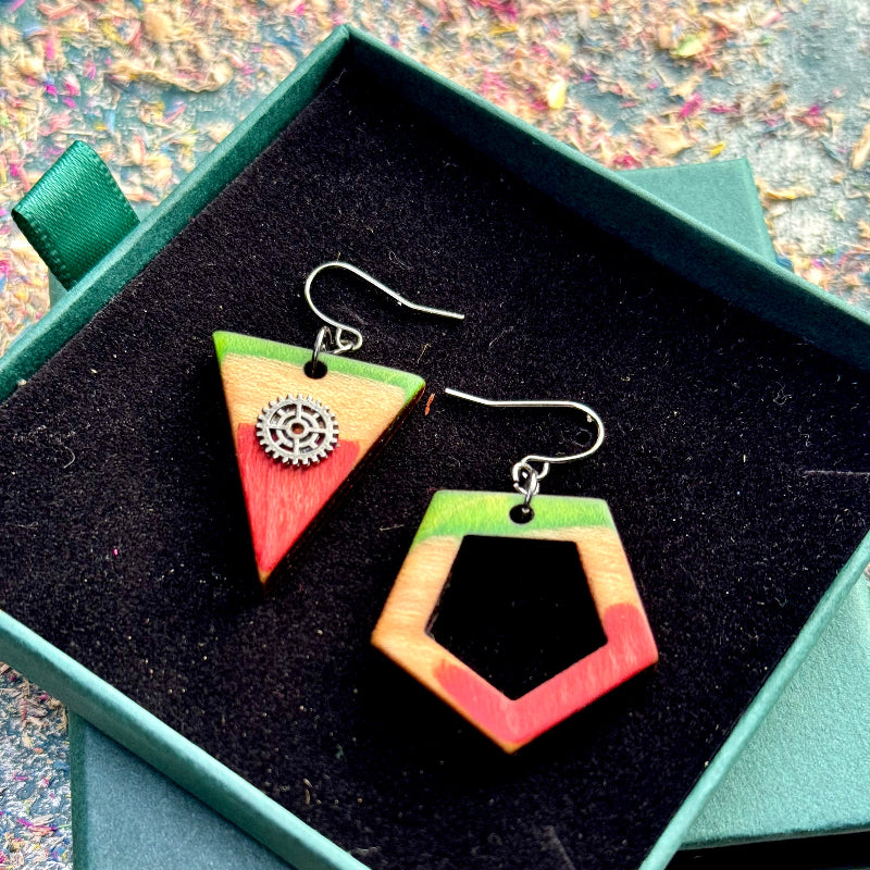 Handmade recycled skateboard Green and Red Asymmetrical Skateboard Earrings — Baltic Dew, made in the UK